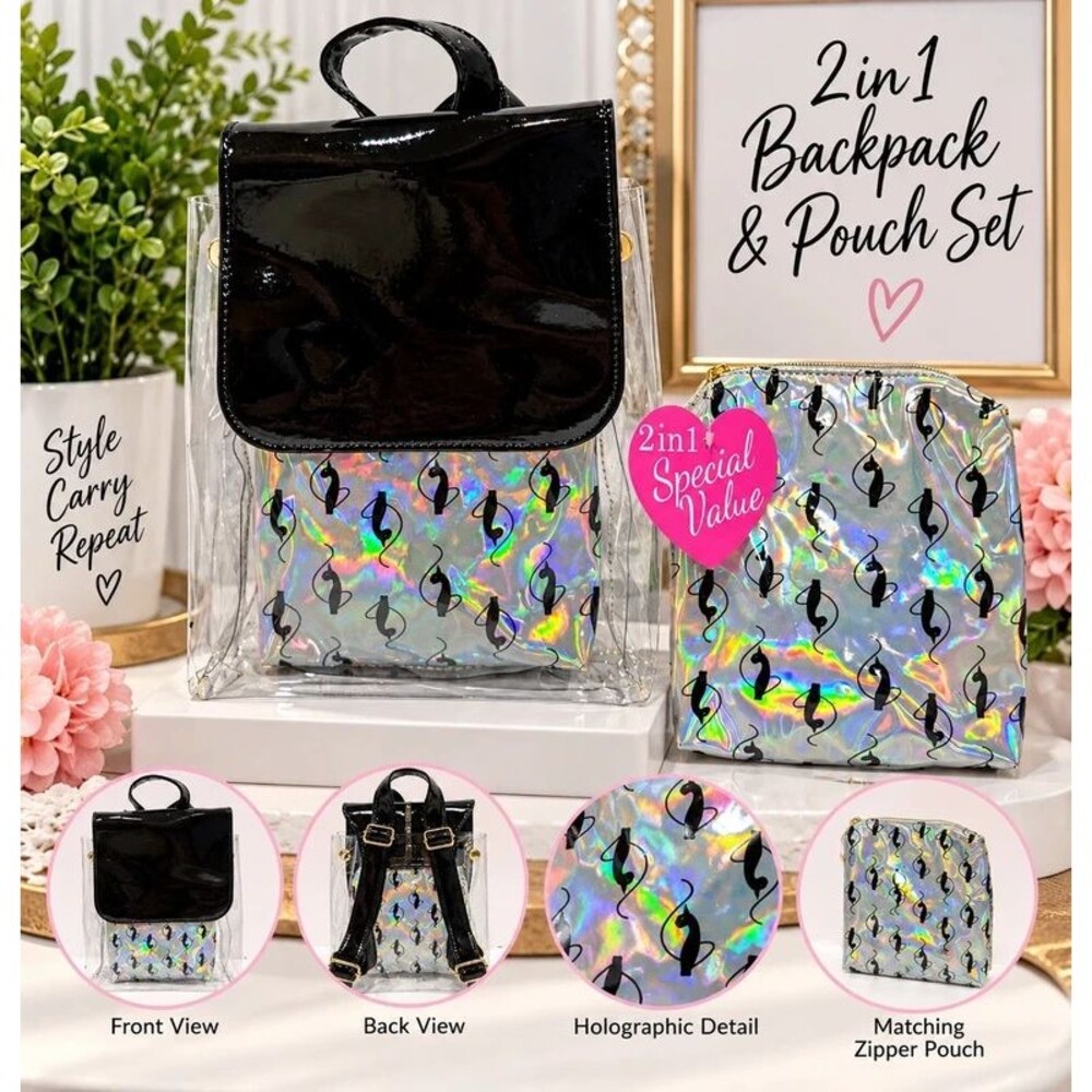 Baby Phat 2-in-1 Clear Holographic Backpack & Matching Pouch Silver NWT